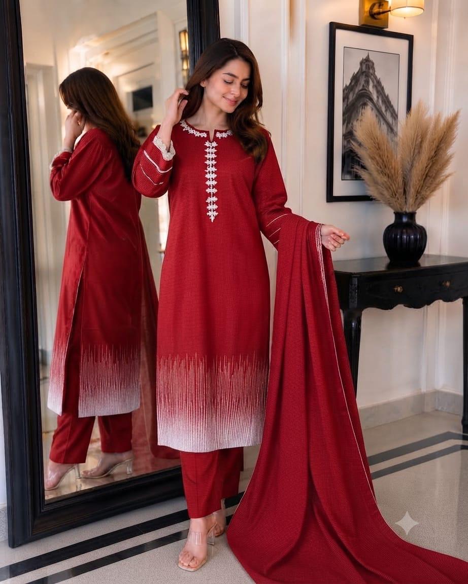 PREMIUM KHADDI EMBROIDERED STICHED SUIT 3PEACE