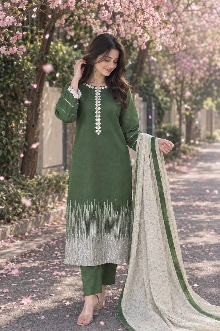 PREMIUM KHADDI EMBROIDERED STICHED SUIT 3PEACE