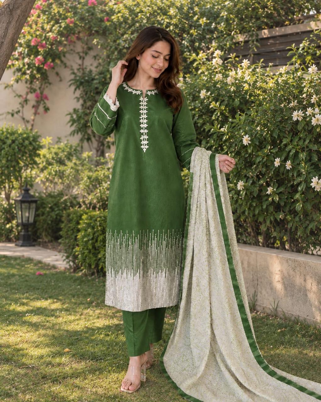 PREMIUM KHADDI EMBROIDERED STICHED SUIT 3PEACE